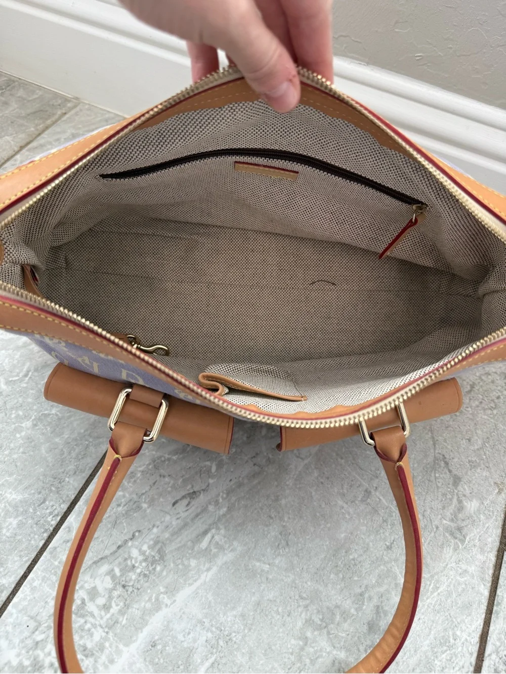 Vintage Y2K Dooney & Bourke Double Pocket Satchel Purple Lavender Tan Trim